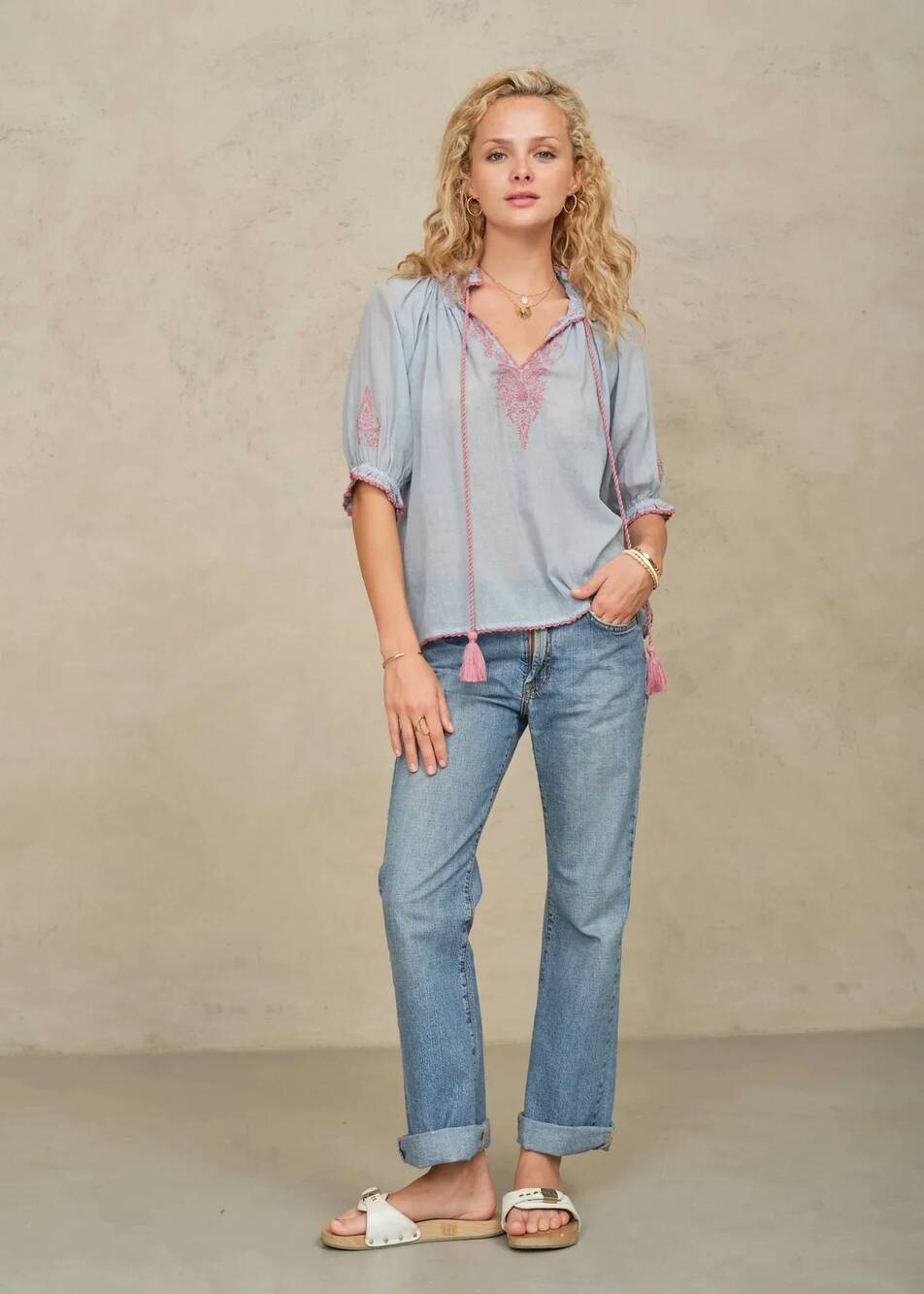 NEW M.A.B.E. talia embroidered short sleeve top in light blue/rose